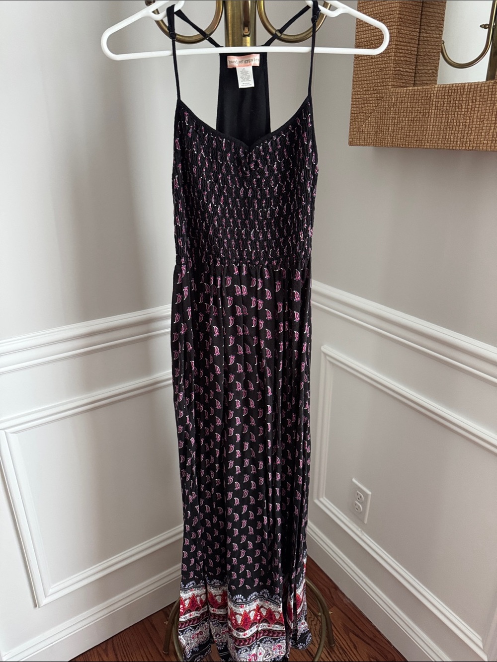 Band of Gypsies Black Maxi Dress with Pink Paisley and Red Border